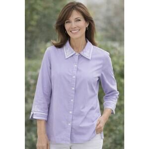 Bob Mackie Lilac Embroidered Collar Button Front Top Womens L Stretch Cotton NWT